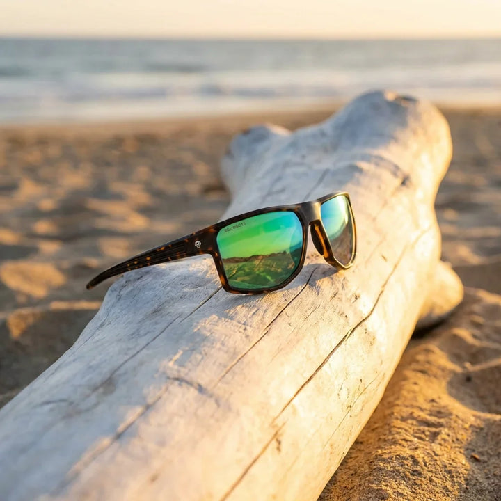 Lentes sol Ollie polarizados bio-acetato espejado verde sobre driftwood dorado reflejo luz costera Bonoboss #editorial_banner #color_espejado-verde