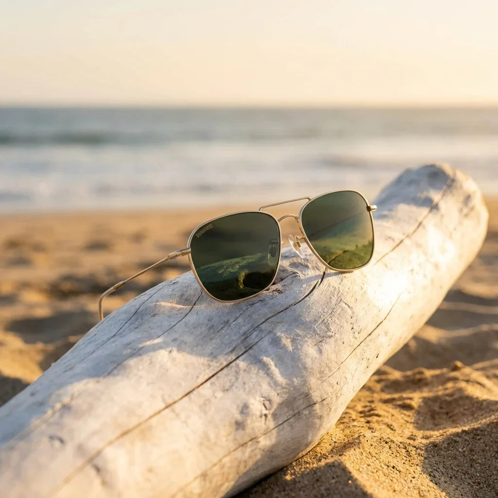 Lentes sol Commander Reverse polarizados UV400 sobre madera driftwood luz dorada Bonoboss #color_g15