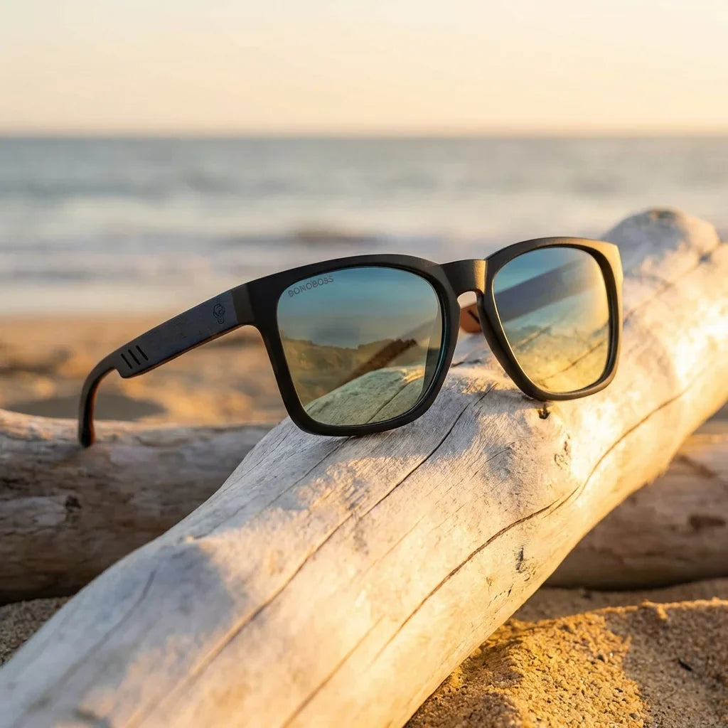 Lentes sol Waimea polarizados UV400 sobre madera driftwood luz dorada Bonoboss #color_degrade-azul