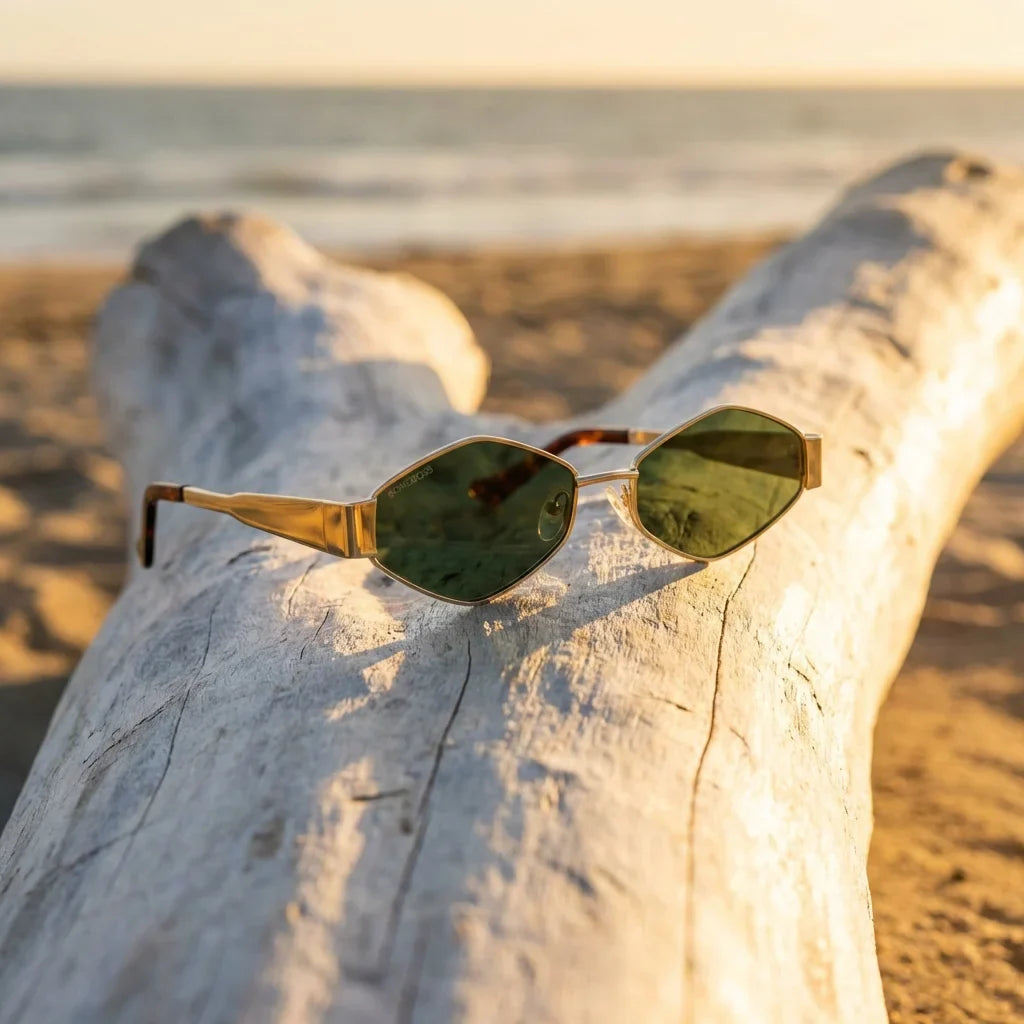 Lentes sol Valkyrie polarizados UV400 sobre madera driftwood luz dorada Bonoboss #color_g15