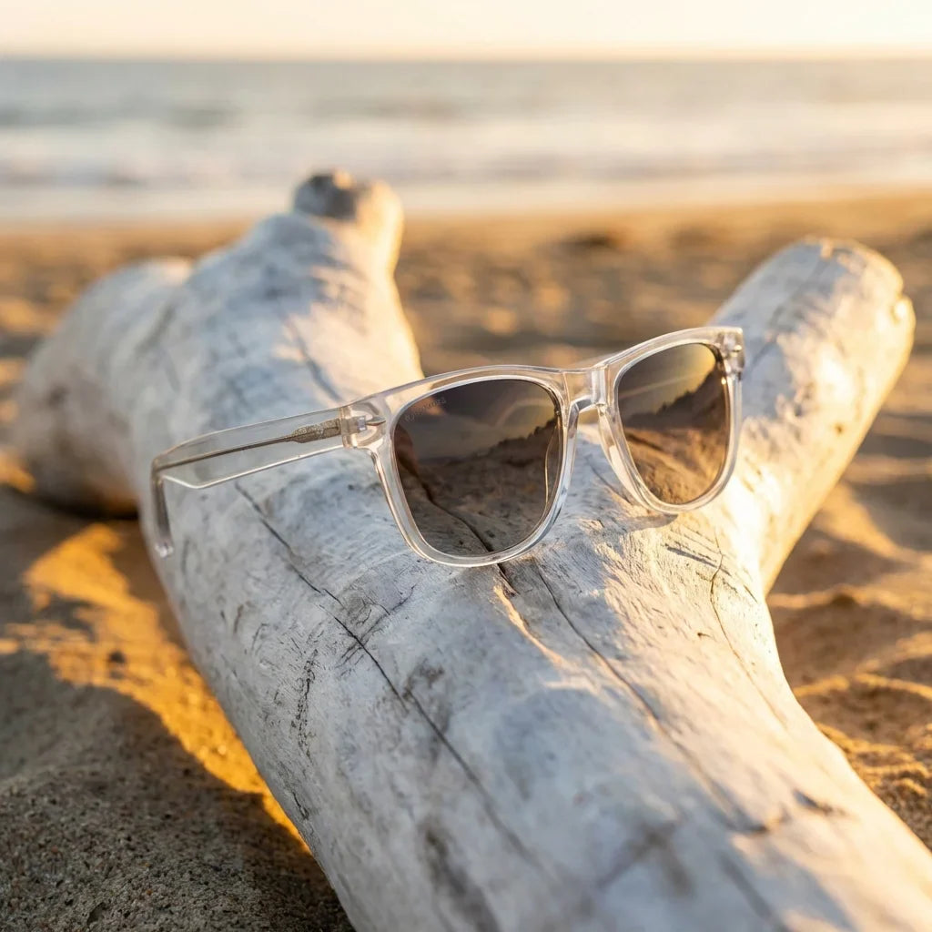 Lentes sol Acacia XL polarizados UV400 sobre madera driftwood luz dorada Bonoboss #color_transparente