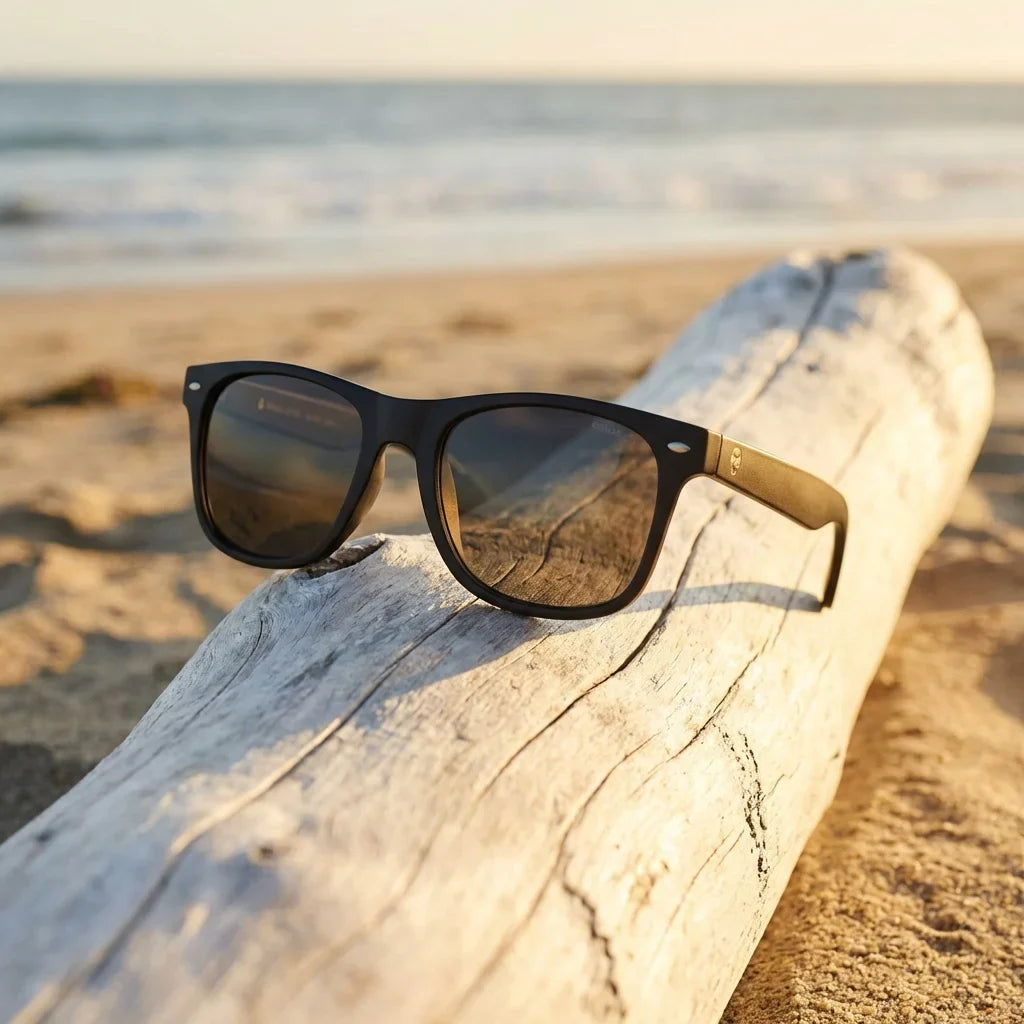 Lentes sol Acacia Dark polarizados UV400 sobre madera driftwood luz dorada Bonoboss #color_negro