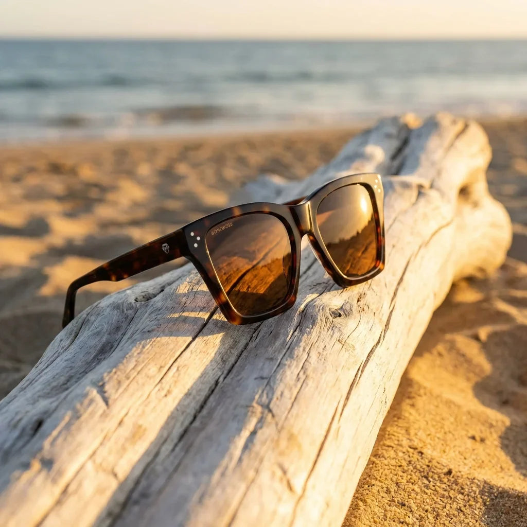 Lentes sol Bruna polarizados UV400 sobre madera driftwood luz dorada Bonoboss #color_carey