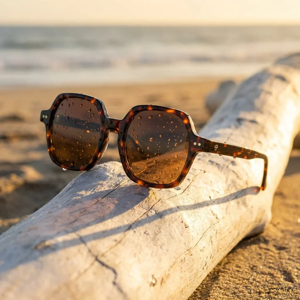 Lentes sol Canarias polarizados UV400 sobre madera driftwood luz dorada Bonoboss #color_carey