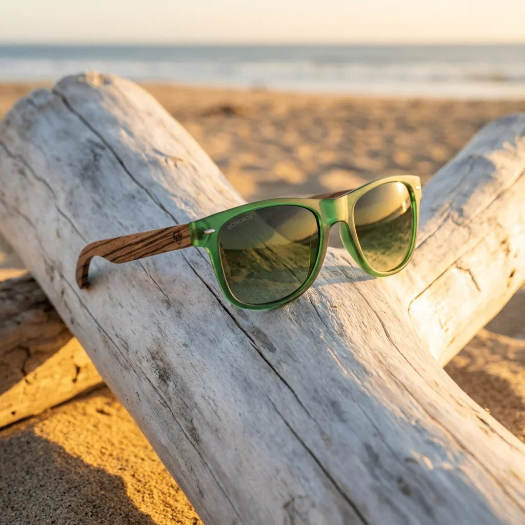 Lentes sol Acacia polarizados UV400 madera zebrano Forest Gradiente Olive sobre driftwood dorado reflejo lente costero Bonoboss #editorial_banner #color_forest-gradiente-olive