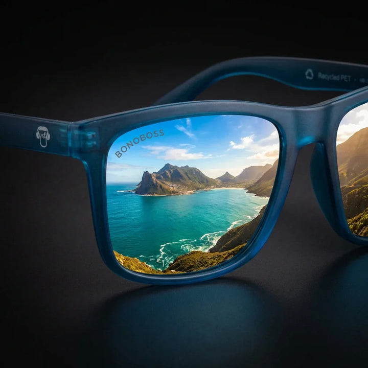 Lentes sol Rapanui RPET polarizados UV400 RPET reciclado light ocean close-up lente reflejo paisaje costero Bonoboss #editorial_polarizado #color_light-ocean