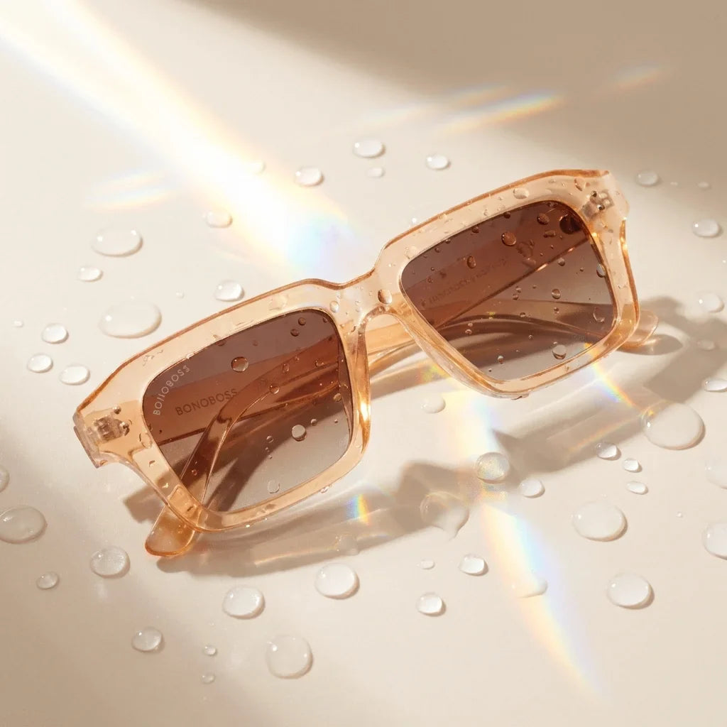 Lentes sol Verona polarizados UV400 sobre superficie con agua y luz natural Bonoboss #color_champagne
