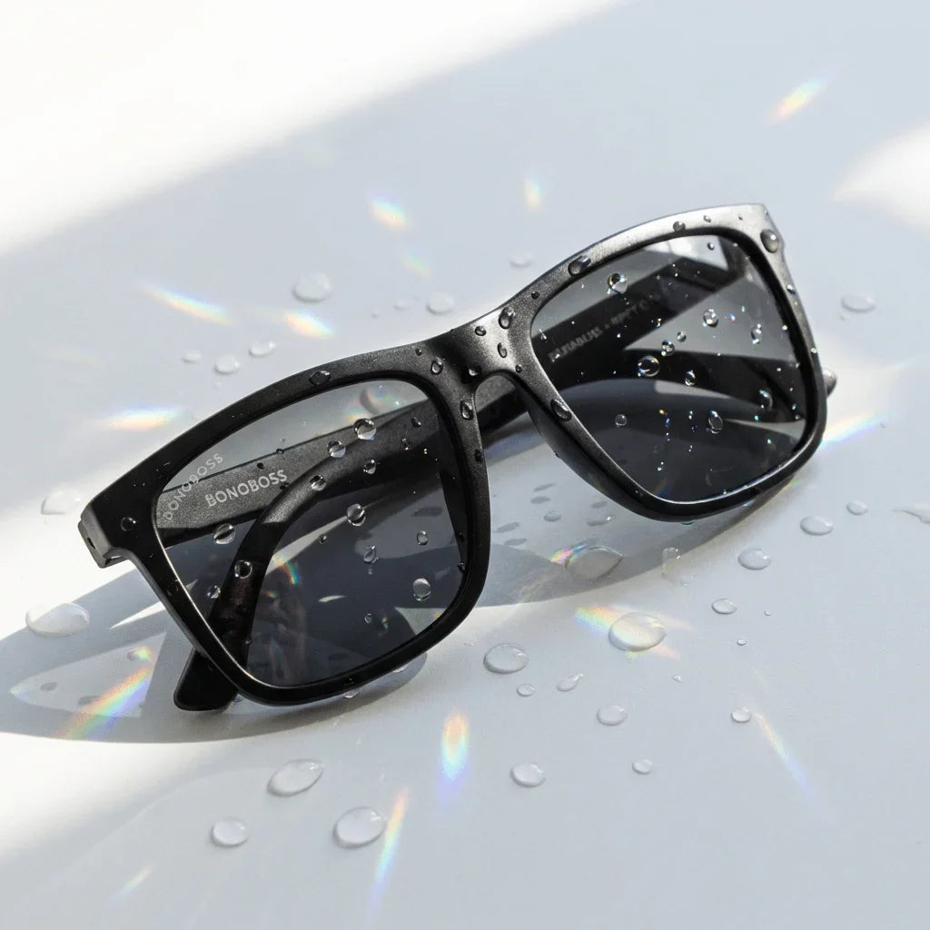 Lentes sol Rapanui RPET polarizados UV400 sobre superficie con agua y luz natural Bonoboss #color_dark