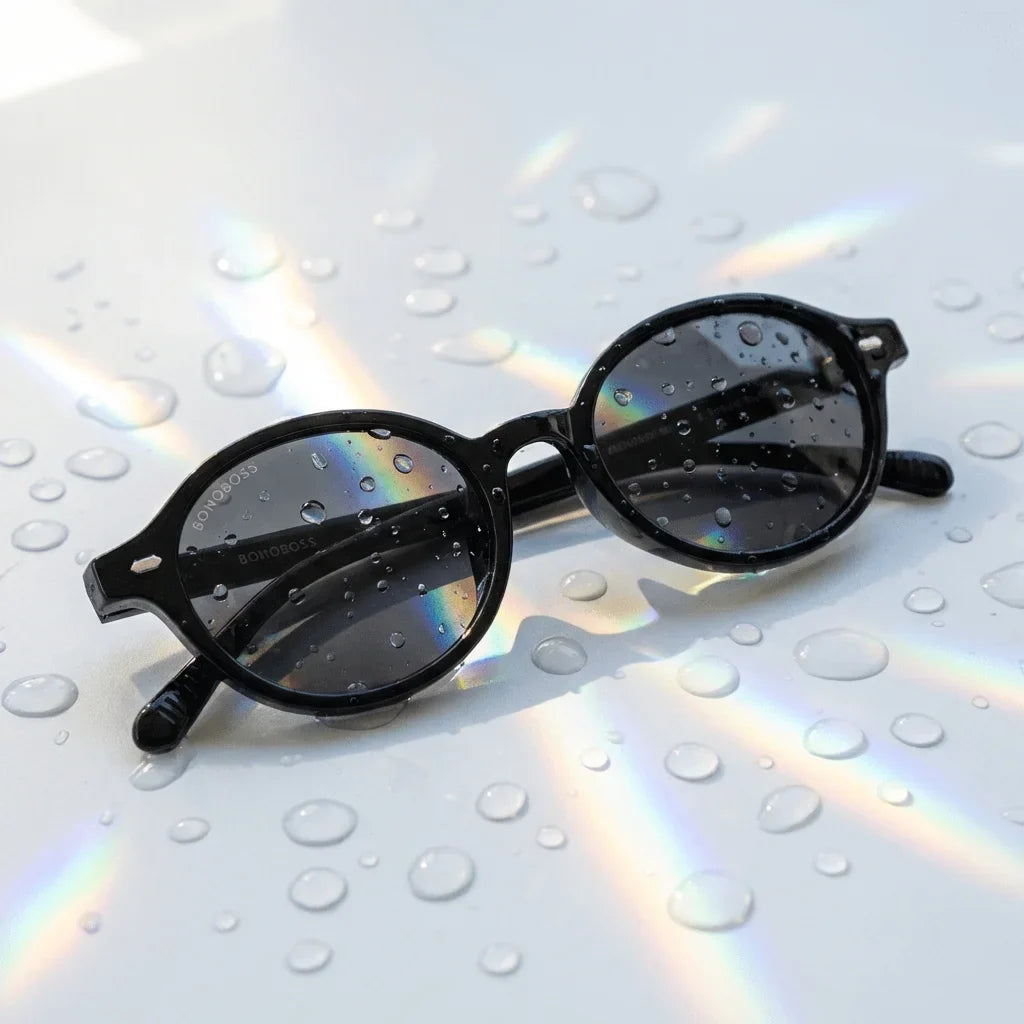 Lentes sol Capri polarizados UV400 sobre superficie con agua y luz natural Bonoboss #color_negro