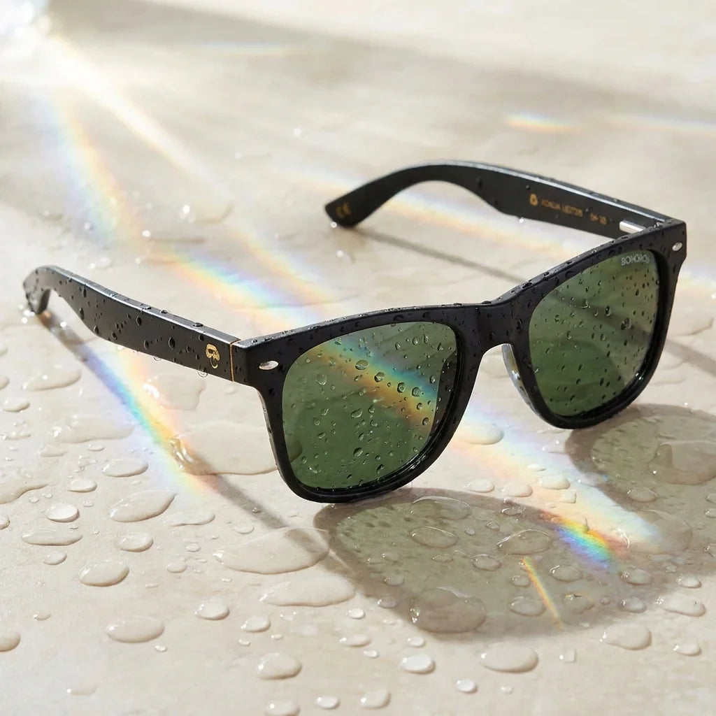 Lentes sol Acacia Dark polarizados UV400 sobre superficie con agua y luz natural Bonoboss #color_g15