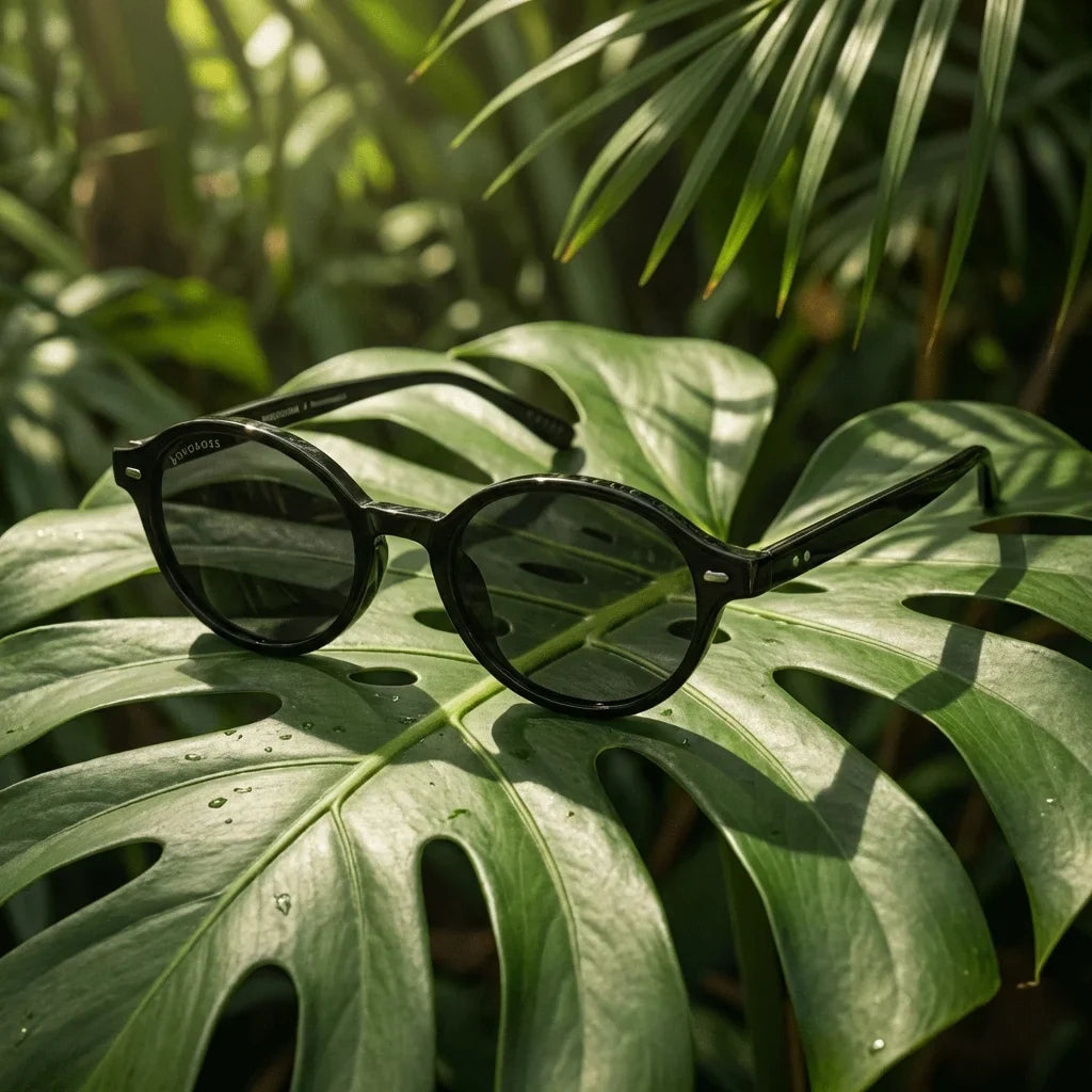 Lentes sol Capri polarizados RPET reciclado black composicion botanica monstera tropical sustentable Bonoboss #editorial_grid2 #color_black