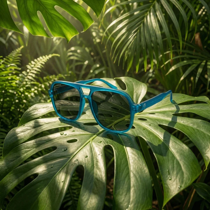 Lentes sol Orson RPET polarizados reciclado ocean composicion botanica monstera tropical material oceano Bonoboss #editorial_grid2 #color_ocean