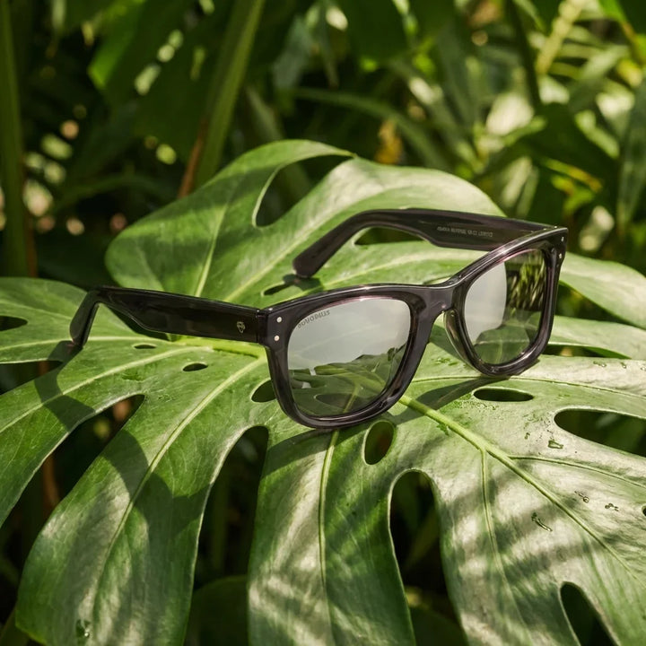 Lentes sol Acacia Reverse polarizados UV400 madera zebrano Espejado Gris composicion botanica monstera tropical natural Bonoboss #editorial_grid2 #color_espejado-gris