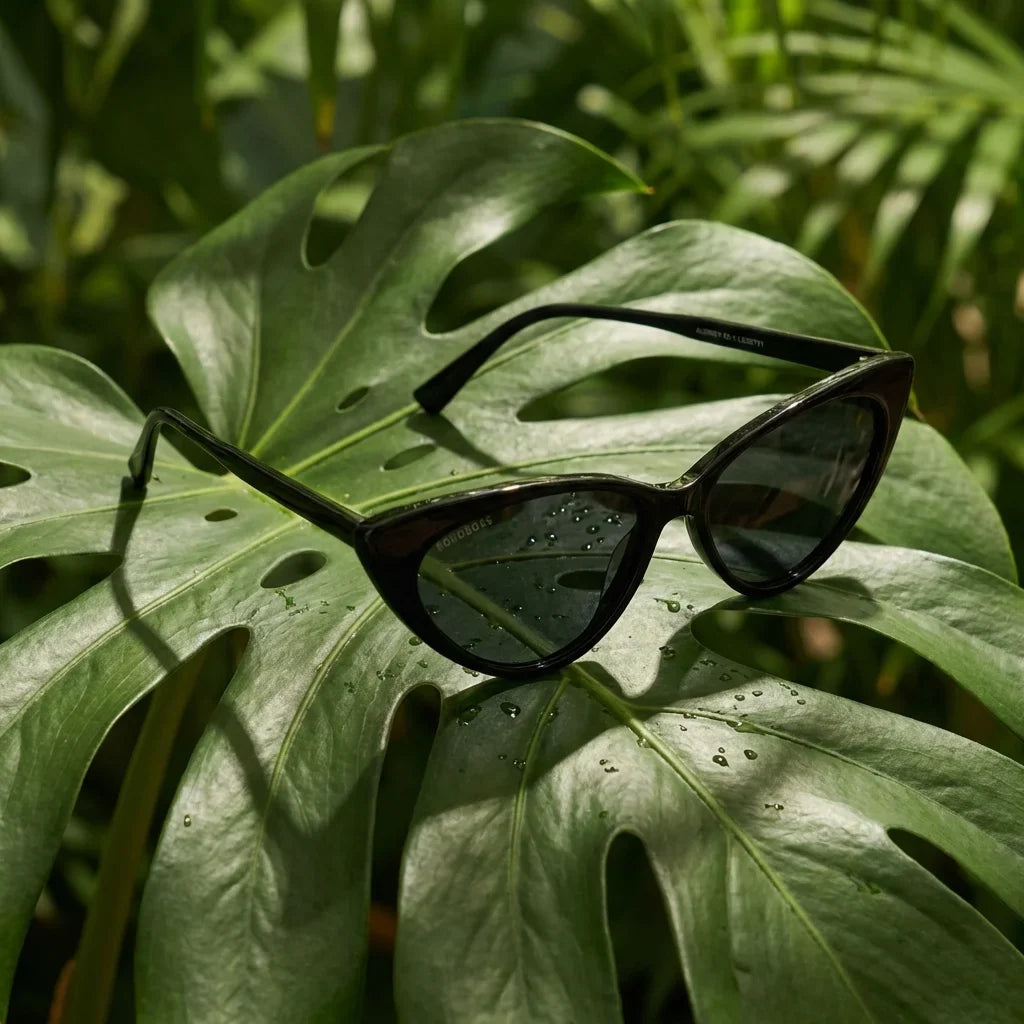 Lentes sol Audrey Red polarizados negro composicion botanica hoja monstera tropical Bonoboss #editorial_grid2 #color_negro