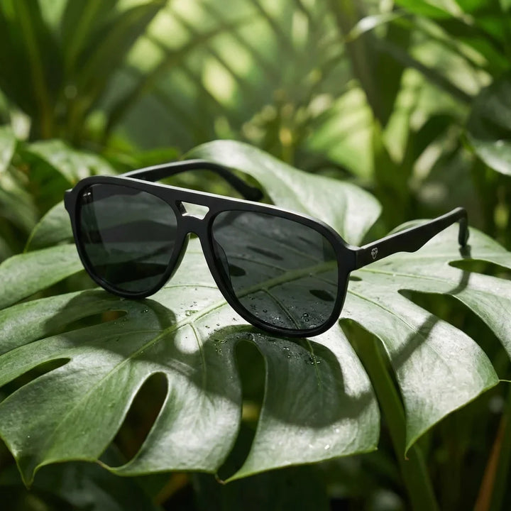 Lentes sol Orson polarizados bio-acetato biodegradable negro sobre hoja monstera botanica tropical Bonoboss #editorial_grid2 #color_negro