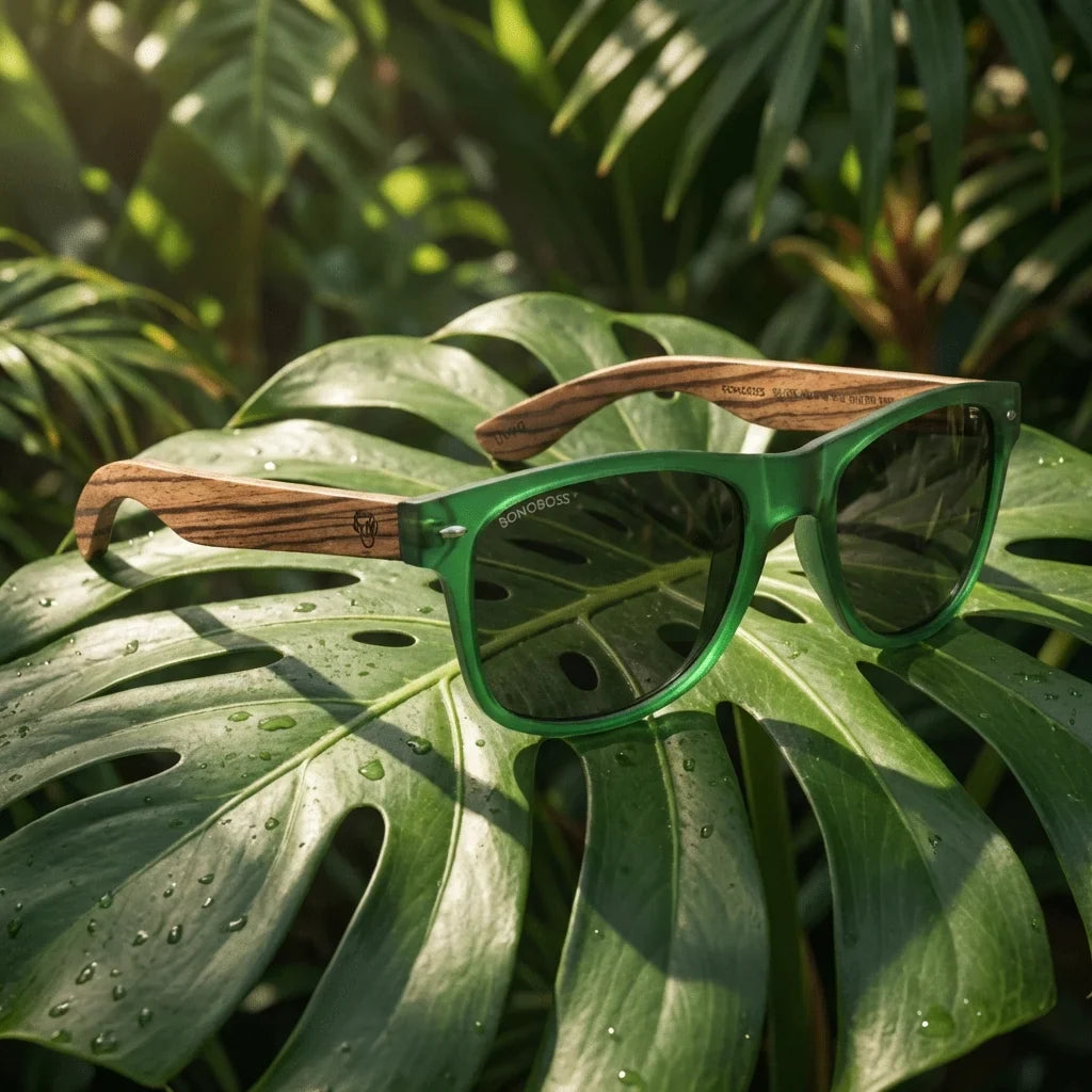 Lentes sol Acacia polarizados UV400 madera zebrano Forest Smoke composicion botanica monstera tropical natural Bonoboss #editorial_grid2 #color_forest-smoke