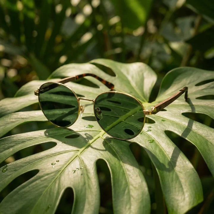 Lentes sol Harry Gold polarizados metal g15 composicion botanica monstera tropical elegante Bonoboss #editorial_grid2 #color_g15