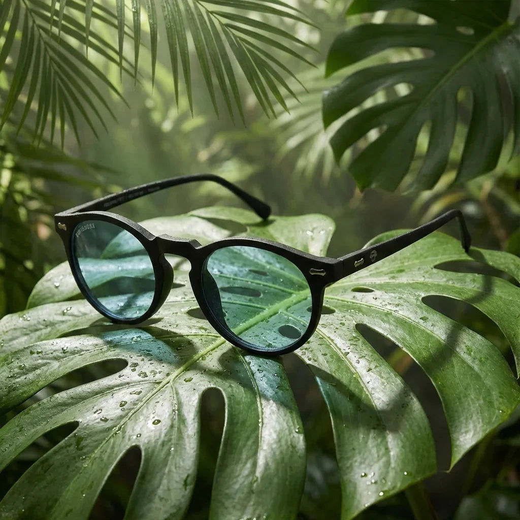 Lentes sol Temuco RPET polarizados UV400 composicion botanica monstera tropical natural Bonoboss #editorial_grid2 #color_negro