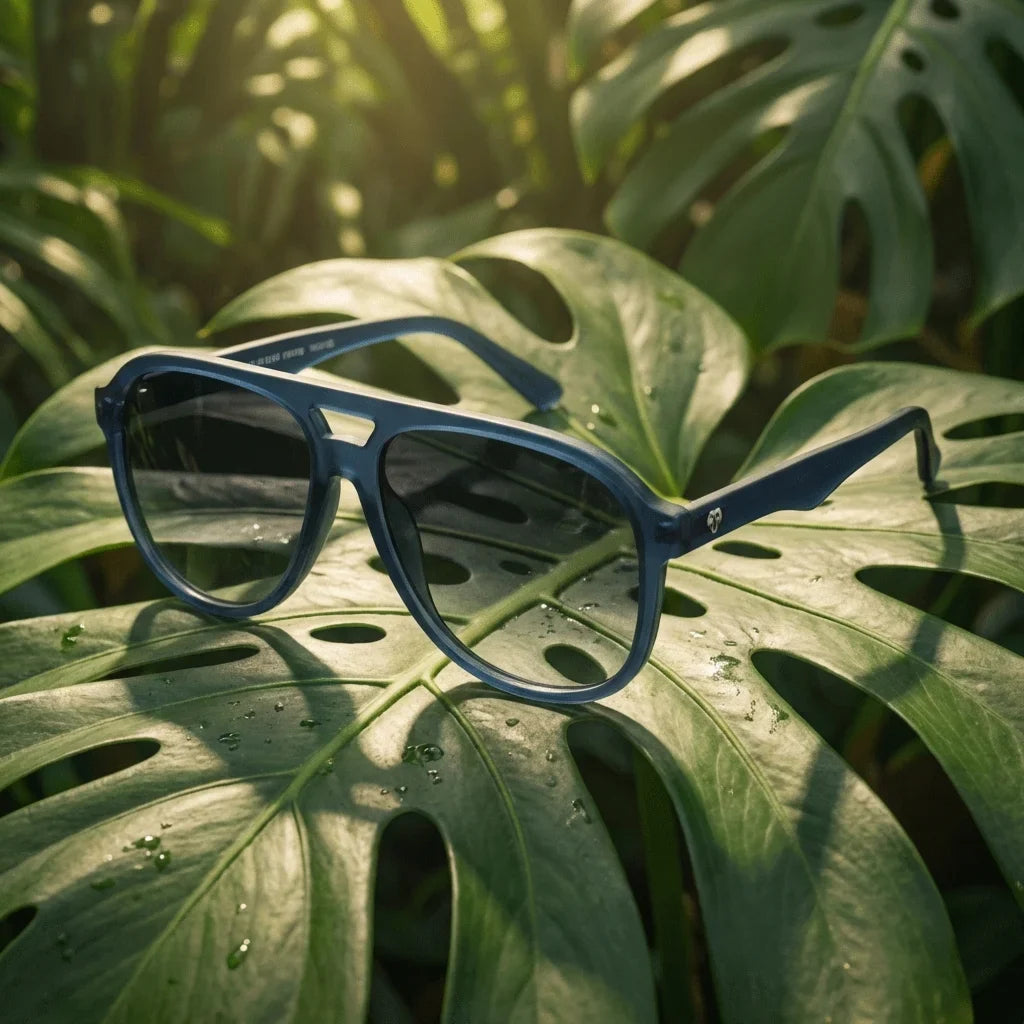 Lentes sol Orson polarizados bio-acetato biodegradable azul composicion botanica monstera tropical Bonoboss #editorial_grid2 #color_azul