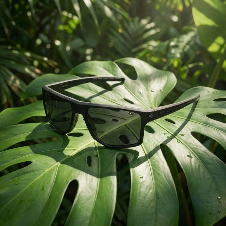 Lentes sol Ollie polarizados bio-acetato biodegradable negro sobre hoja monstera botanica tropical Bonoboss #editorial_grid2 #color_negro