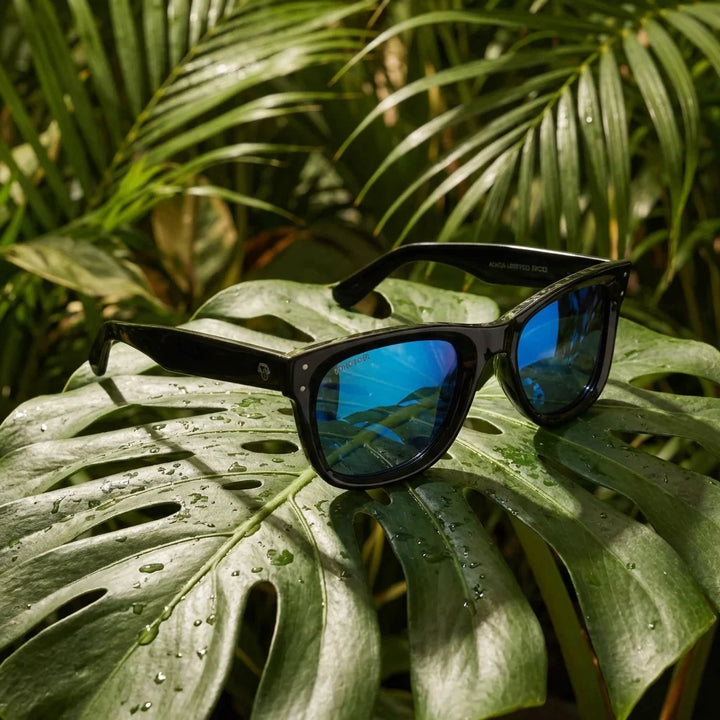 Lentes sol Acacia Reverse polarizados UV400 madera zebrano Espejado Azul composicion botanica monstera tropical natural Bonoboss #editorial_grid2 #color_espejado-azul