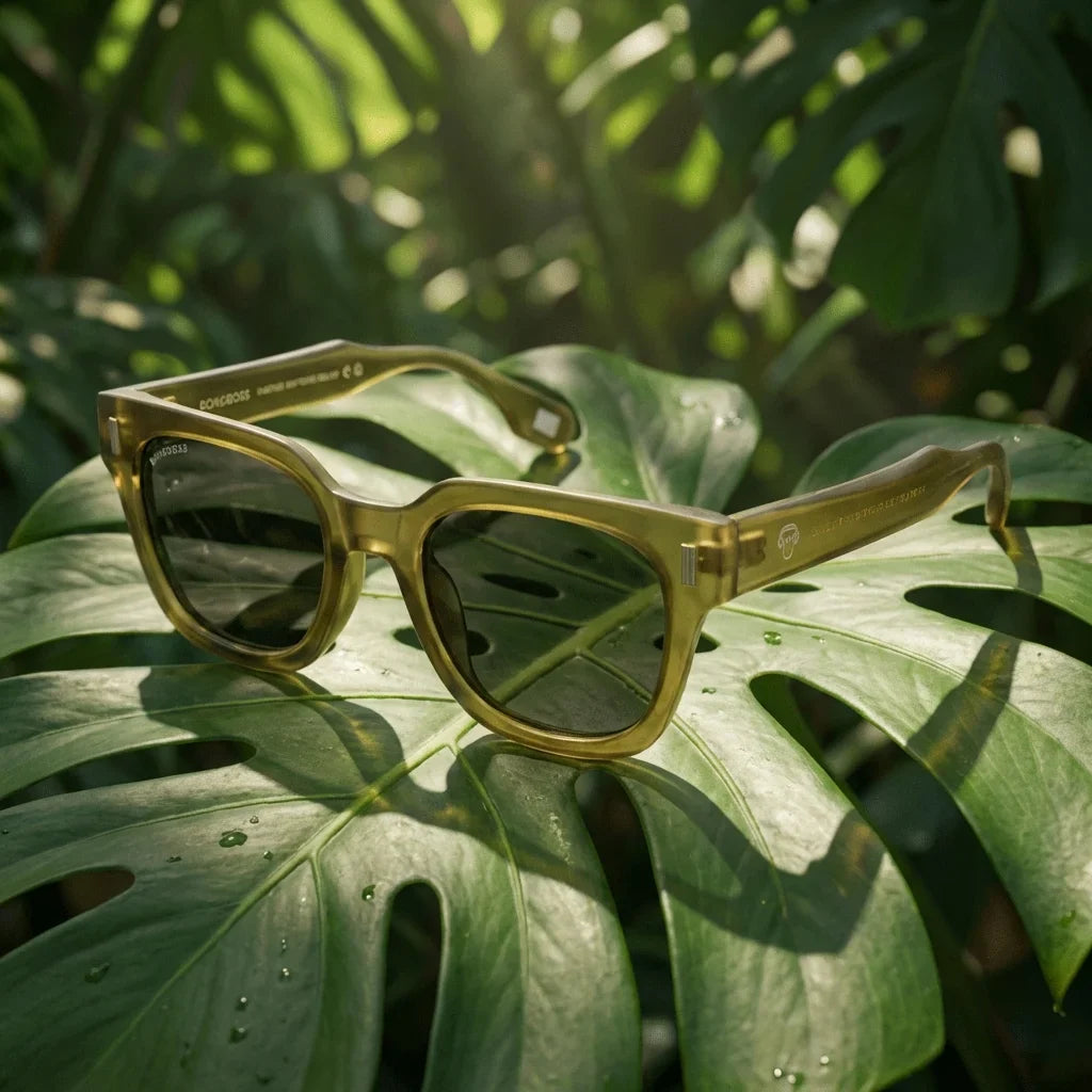 Lentes sol Osorno RPET polarizados reciclado olive composicion botanica monstera tropical tonos tierra Bonoboss #editorial_grid2 #color_olive