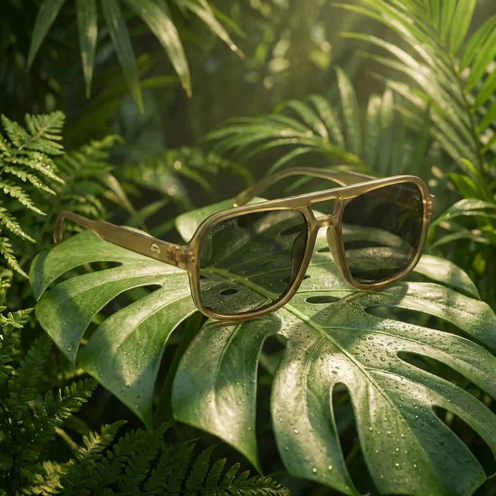 Lentes sol Orson RPET polarizados reciclado olive composicion botanica monstera tropical tonos tierra Bonoboss #editorial_grid2 #color_olive