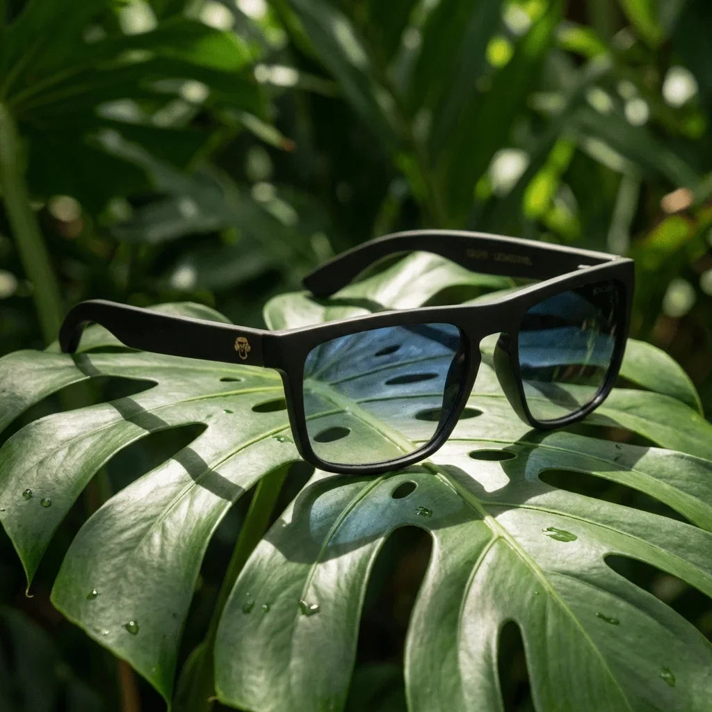 Lentes sol Lautaro Dark polarizados acetato degrade azul composicion botanica hoja monstera tropical Bonoboss #editorial_grid2 #color_degrade-azul