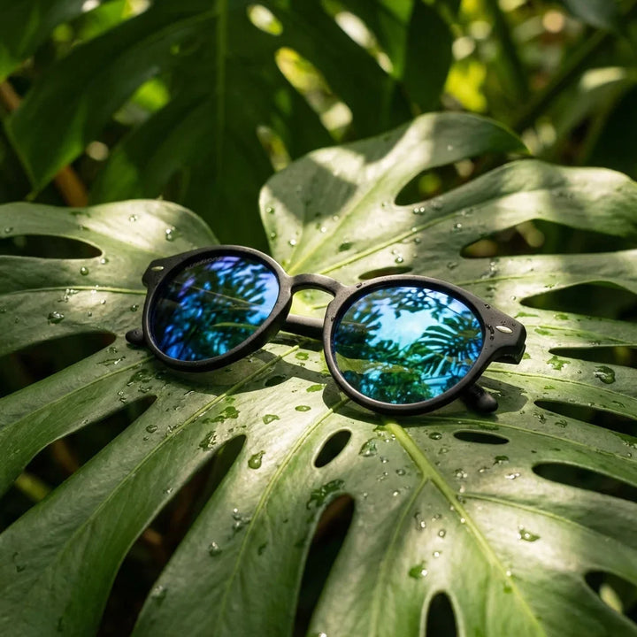 Lentes sol Joplin RPET polarizados RPET reciclado del oceano espejado azul composicion botanica monstera tropical biodegradable Bonoboss #editorial_grid2 #color_espejado-azul