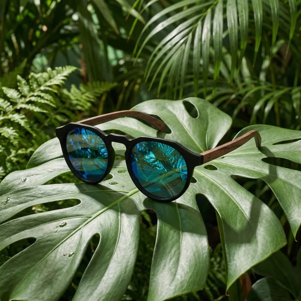 Lentes sol Galapagos polarizados acetato madera negro sky composicion botanica hoja monstera tropical Bonoboss #editorial_grid2 #color_negro-sky
