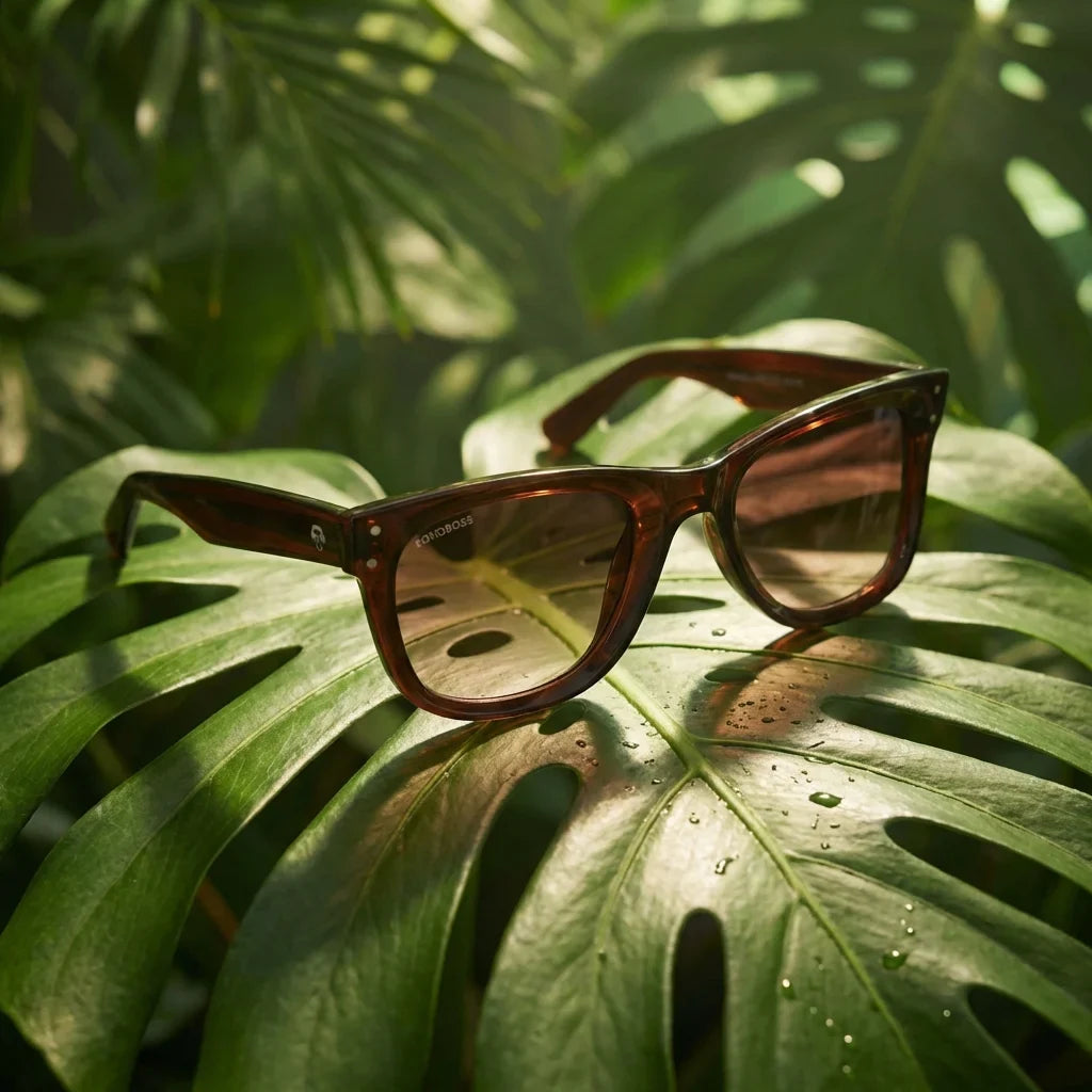 Lentes sol Acacia Reverse polarizados UV400 madera zebrano Brown composicion botanica monstera tropical natural Bonoboss #editorial_grid2 #color_brown