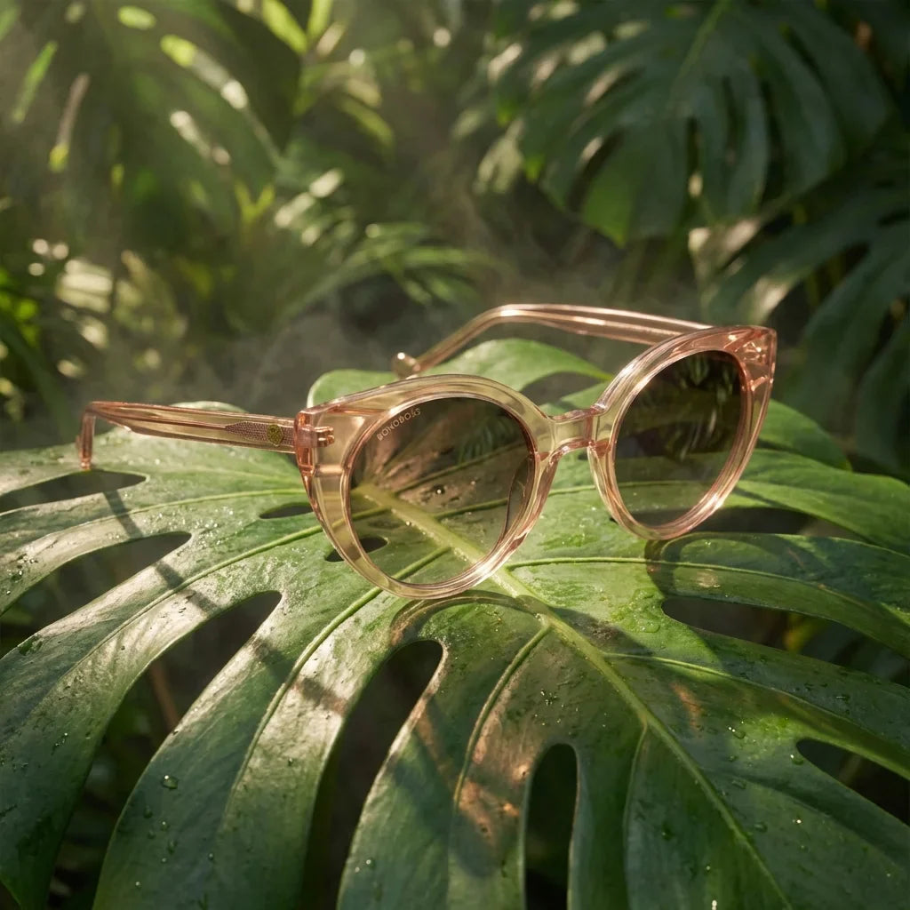 Lentes sol Hannover polarizados bio-acetato champagne composicion botanica monstera tropical biodegradable Bonoboss #editorial_grid2 #color_champagne
