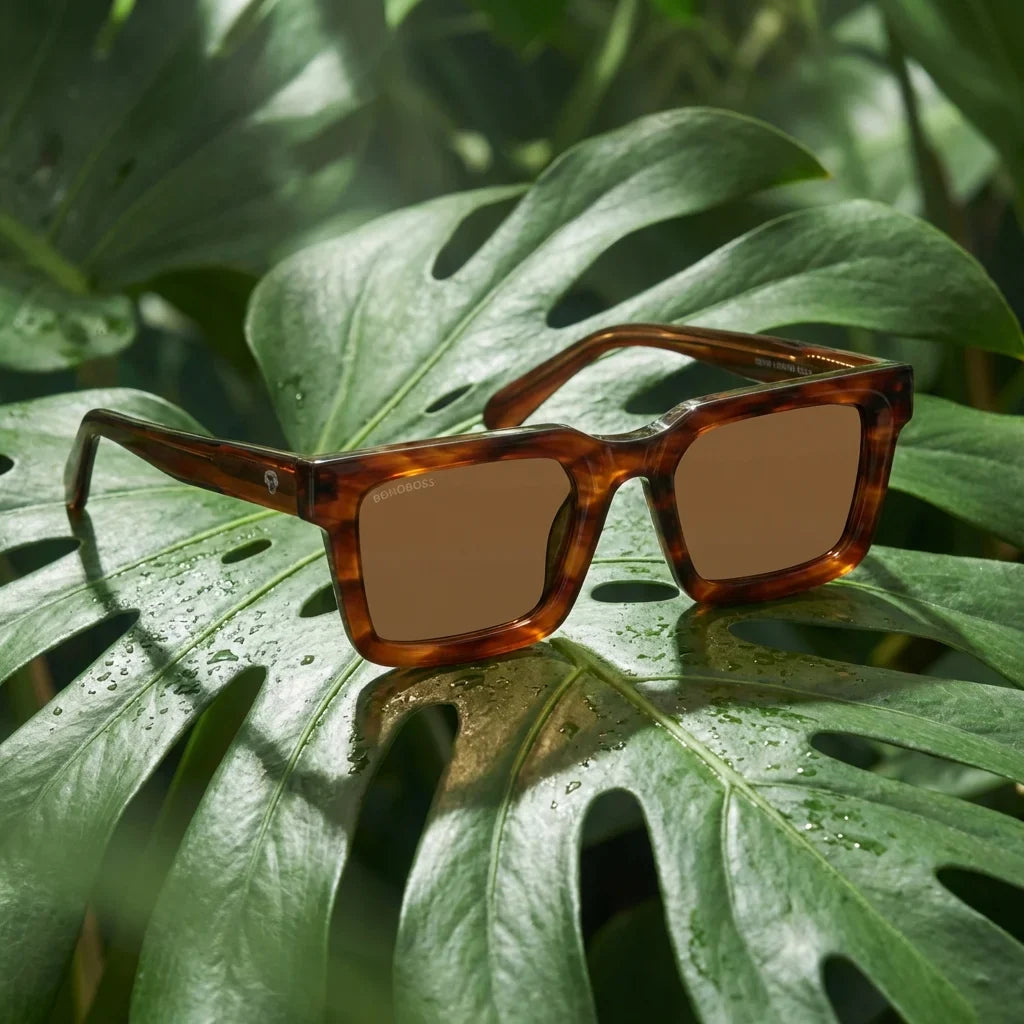 Lentes sol Tokyo polarizados UV400 bio-acetato Brown composicion botanica monstera tropical natural Bonoboss #editorial_grid2 #color_brown
