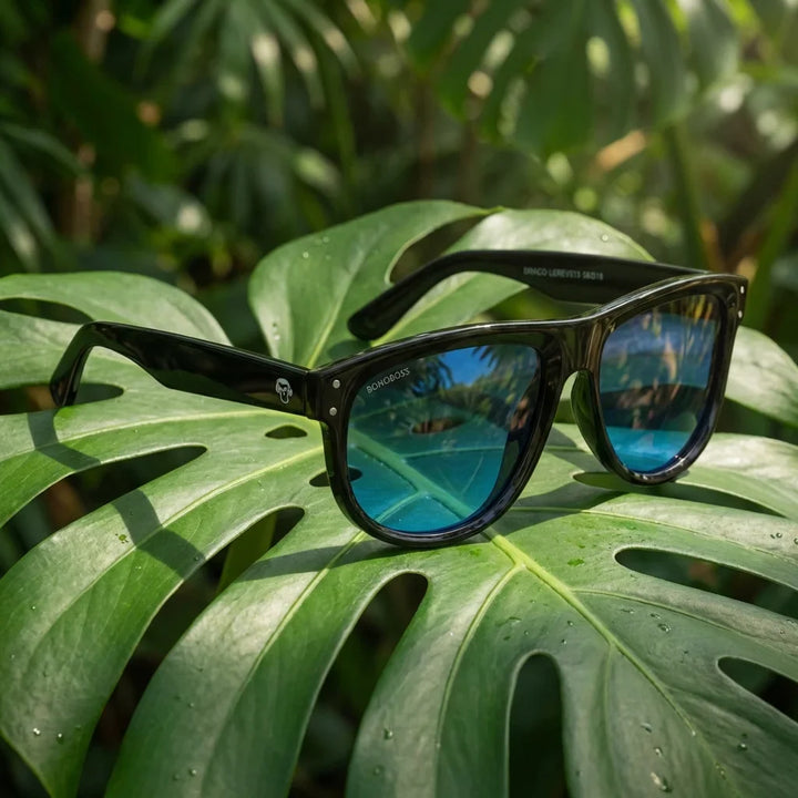 Lentes sol GirlFriend Reverse polarizados bio-acetato espejado azul composicion botanica monstera tropical biodegradable Bonoboss #editorial_grid2 #color_espejado-azul