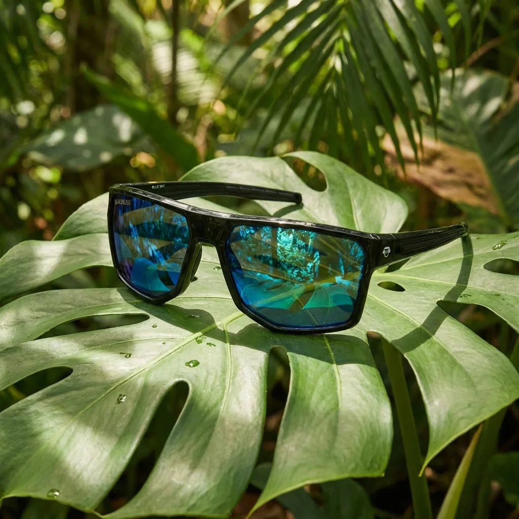Lentes sol Ollie polarizados bio-acetato biodegradable azul sobre hoja monstera botanica tropical Bonoboss #editorial_grid2 #color_azul