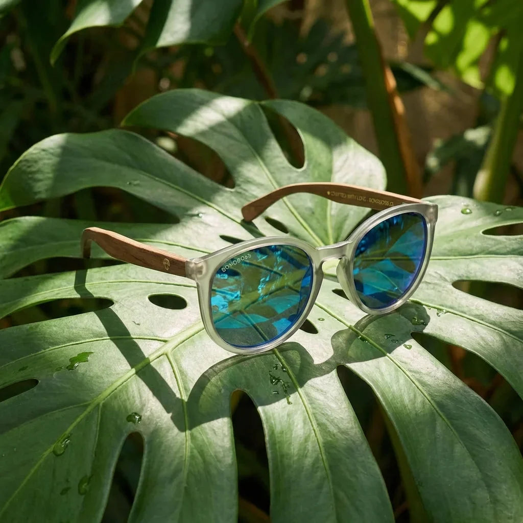 Lentes sol Meli TSP polarizados bio-acetato TSP biodegradable espejado azul composicion botanica monstera Bonoboss #editorial_grid2 #color_espejado-azul