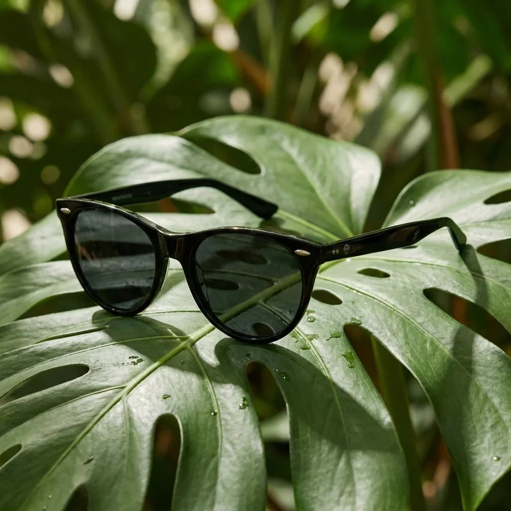 Lentes sol Hanga Roa polarizados bio-acetato negro composicion botanica monstera tropical biodegradable Bonoboss #editorial_grid2 #color_negro