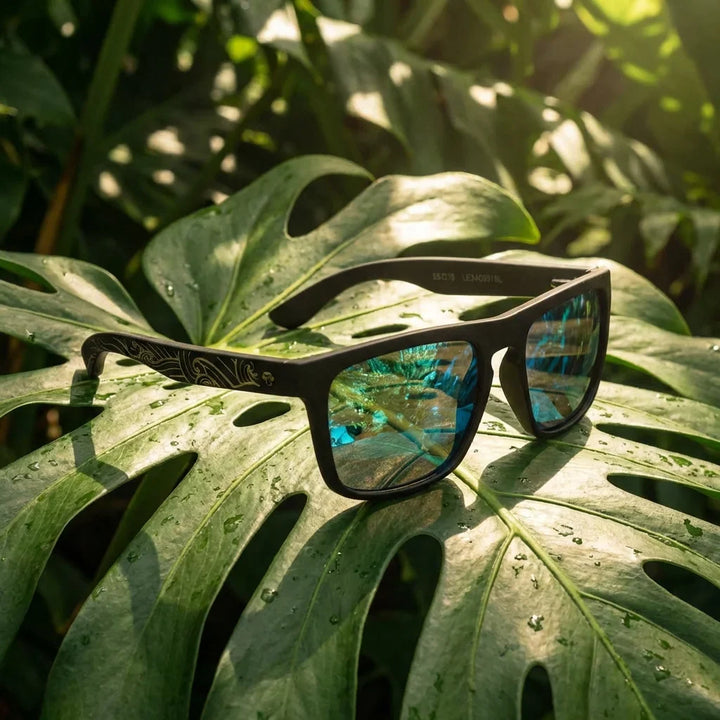 Lentes sol Lautaro Dark Designer's polarizados madera waves-sky composicion botanica monstera tropical biodegradable Bonoboss #editorial_grid2 #color_waves-sky