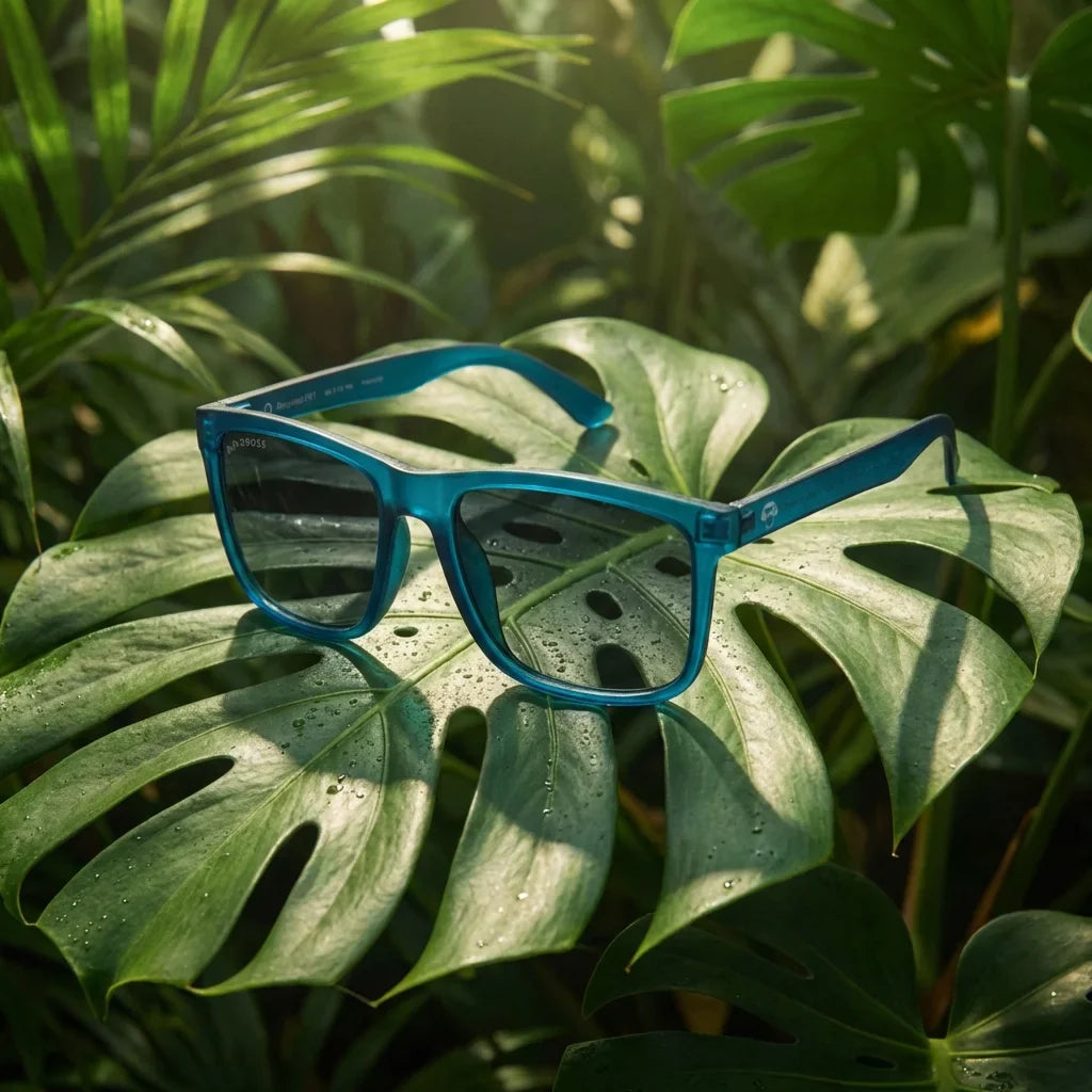 Lentes sol Rapanui RPET polarizados RPET reciclado biodegradable light ocean composicion botanica monstera Bonoboss #editorial_grid2 #color_light-ocean
