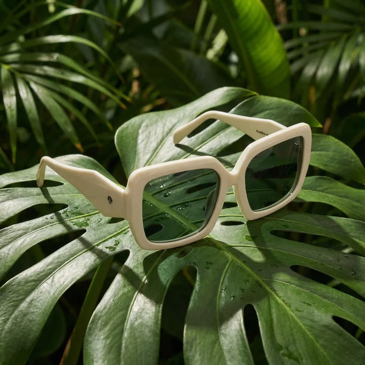 Lentes sol Alaska polarizados blanco composicion botanica hoja monstera tropical Bonoboss #editorial_grid2 #color_blanco
