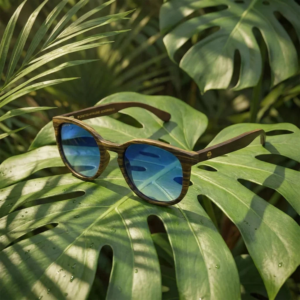 Lentes sol Meli Ebony polarizados madera ebony polarizado Degrade Azul composicion botanica monstera tropical Bonoboss #editorial_grid2 #color_degrade-azul