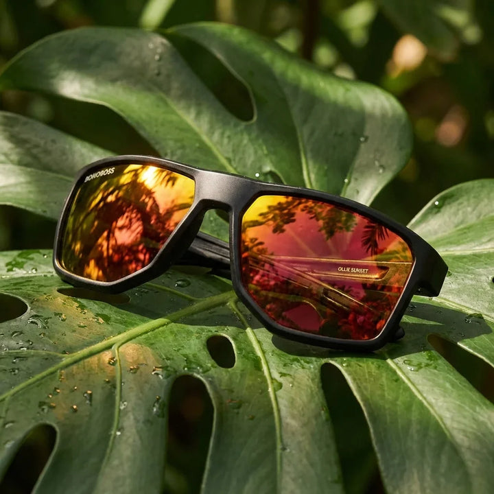 Lentes sol Ollie polarizados bio-acetato biodegradable espejado naranjo sobre hoja monstera botanica tropical Bonoboss #editorial_grid2 #color_espejado-naranjo