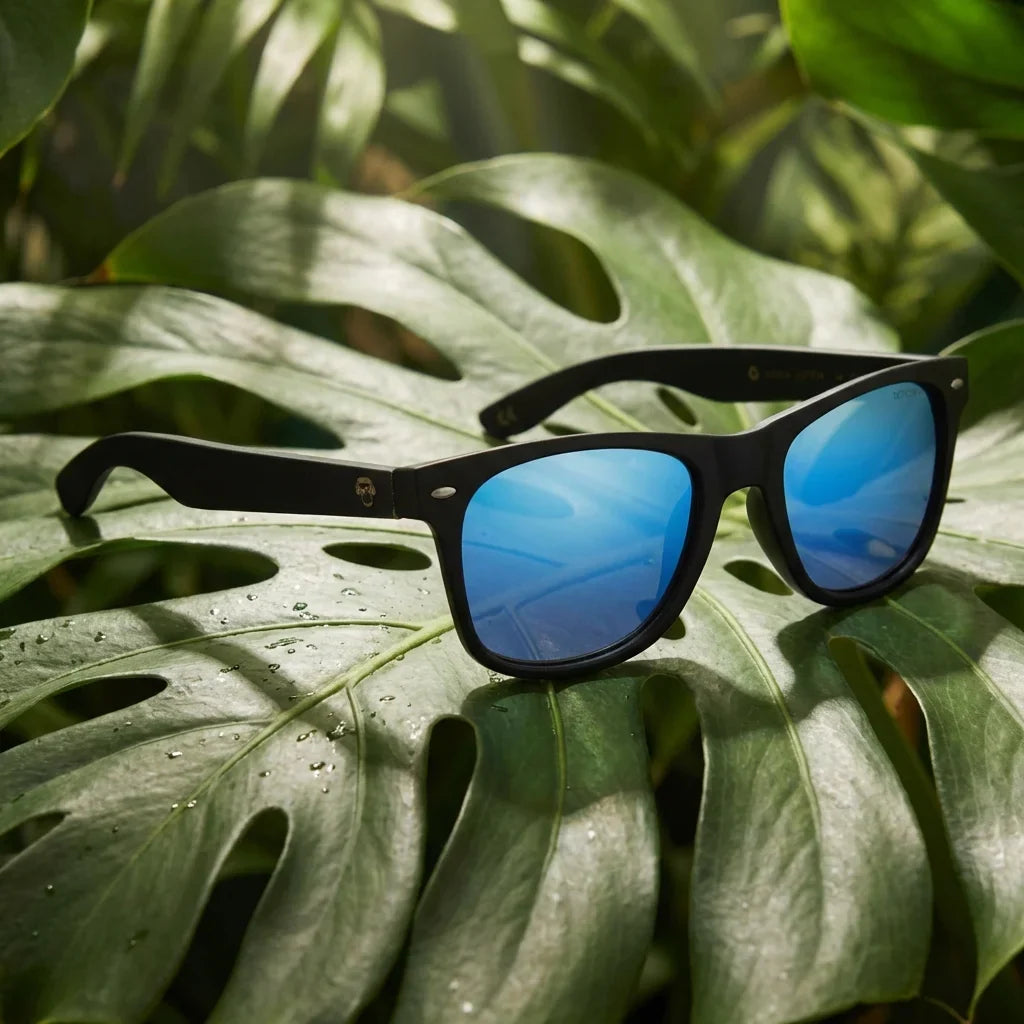 Lentes sol Acacia Dark polarizados madera acacia sky composicion botanica monstera tropical sustentable Bonoboss #editorial_grid2 #color_sky