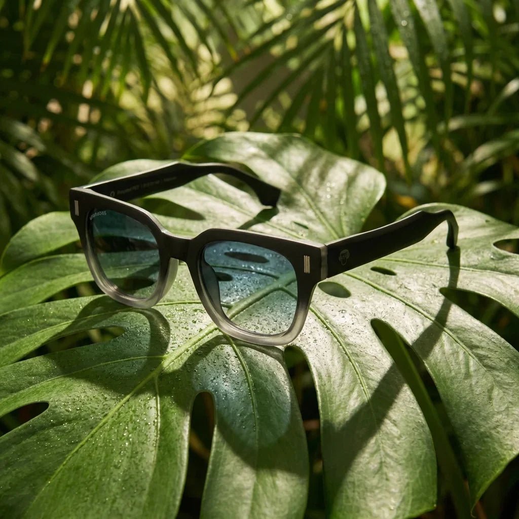 Lentes sol Osorno RPET polarizados reciclado grad black composicion botanica monstera tropical material oceano Bonoboss #editorial_grid2 #color_black