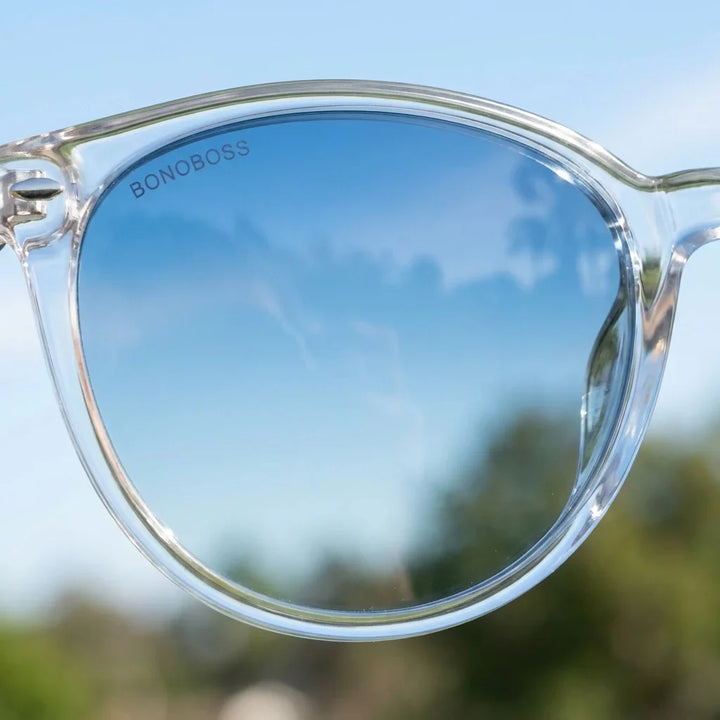 Lentes sol Henua polarizados UV400 bio-acetato transparente close-up lente coating espejado detalle optico Bonoboss #editorial_polarizado #color_transparente