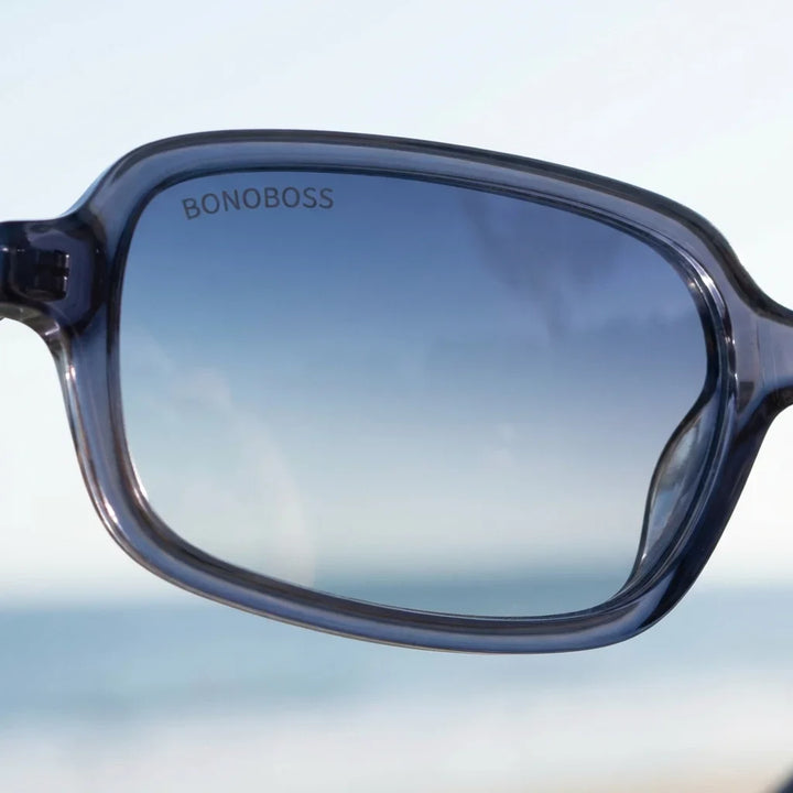 Lentes sol Navarino polarizados UV400 bio-acetato azul close-up lente coating espejado detalle optico Bonoboss #editorial_polarizado #color_azul