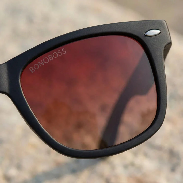 Lentes sol Acacio RPET polarizados UV400 detalle lente coating espejado precision optica Bonoboss #color_rojo