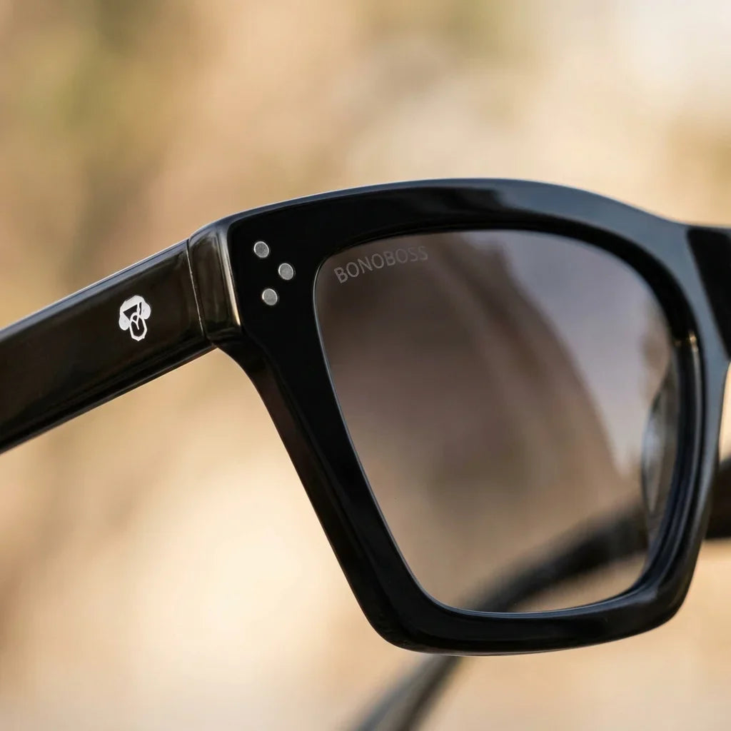 Lentes sol Bruna polarizados UV400 macro textura acetato vetas detalle premium Bonoboss #color_negro
