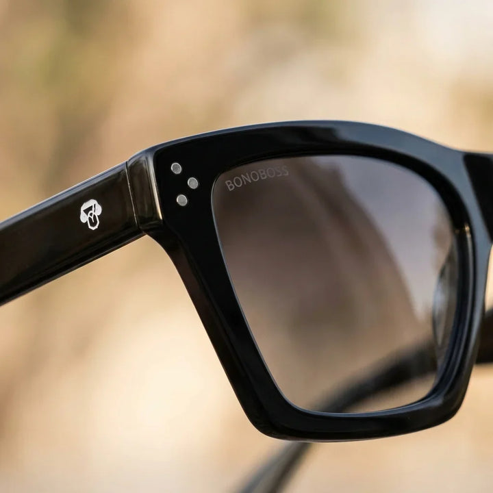 Lentes sol Bruna polarizados UV400 macro textura acetato vetas detalle premium Bonoboss #color_negro