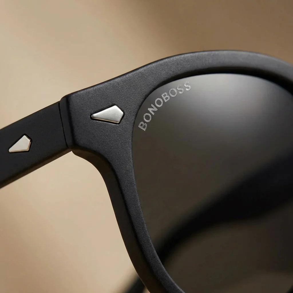 Lentes sol Waimea RPET polarizados UV400 macro textura acetato vetas detalle premium Bonoboss #color_negro